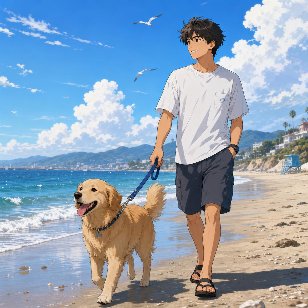 a man walking his dog on the beach. Visual style: anim — 4D83DA
