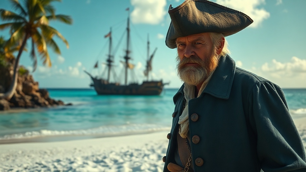 A weather-beaten 18th-century pirate captain standing  — 9A668E