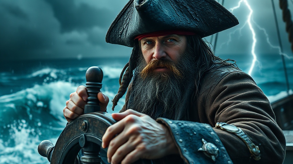Medium close-up shot of a rugged pirate captain with a — A14521