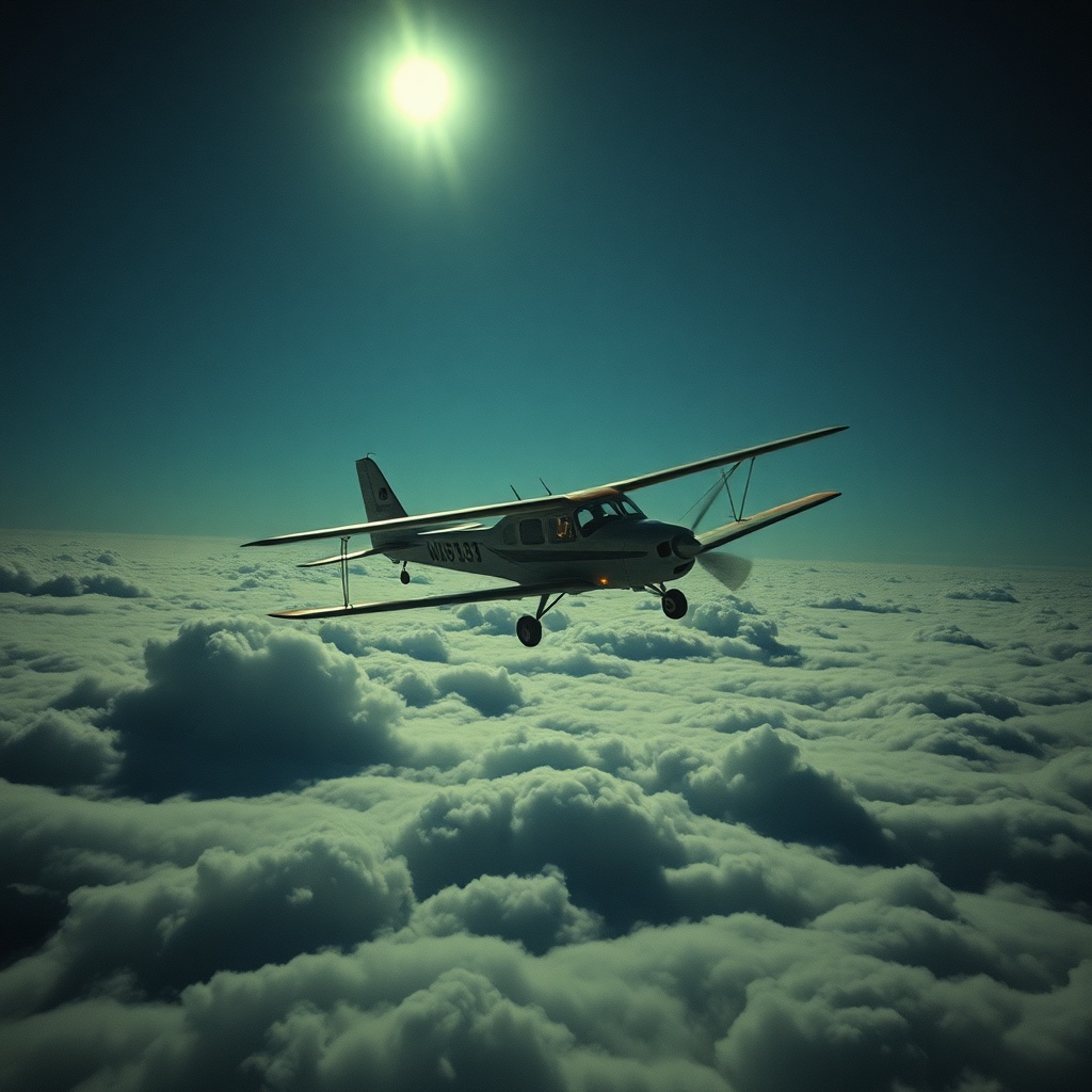 Le même avion volant au-dessus des nuages avec une lum — 60F419