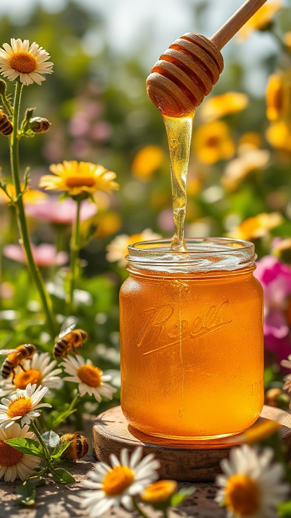 Photorealistic vertical 9:16 image of a honey jar with — 979376