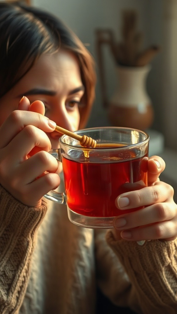 photorealistic image of a person drinking warm tea wit — AAA09A