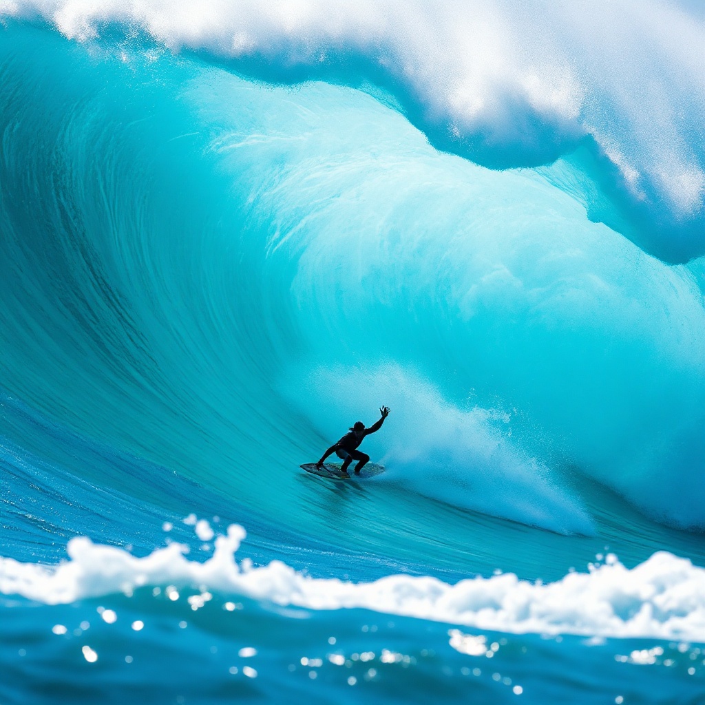 A lone surfer skillfully riding a massive, towering bl — 9F6DD3
