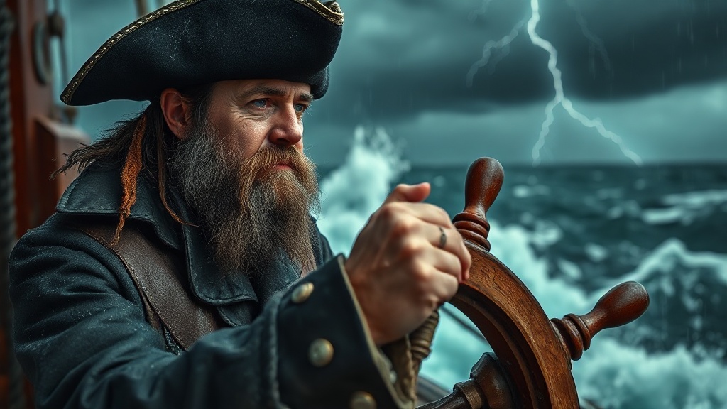 Medium close-up shot of a rugged pirate captain with a — 1346E1