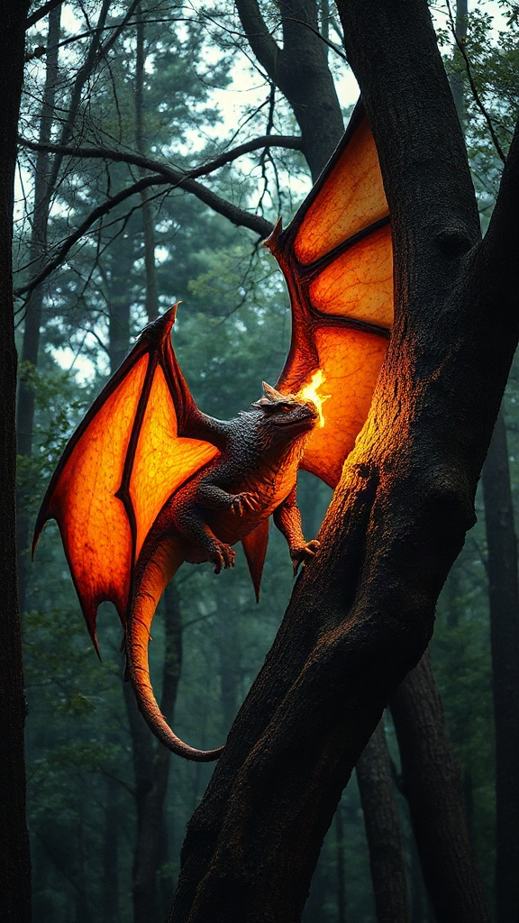 Dragon volant qui soufle le feu sur un arbre dans la f — 18FC67