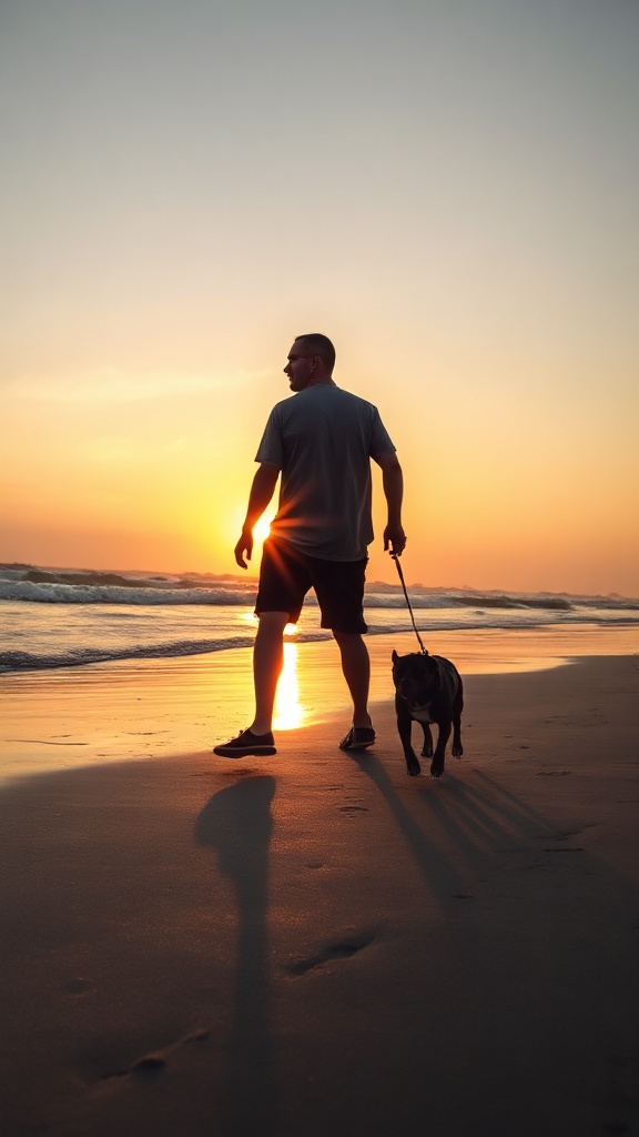 Man walking dog on beach at sunset — 679271