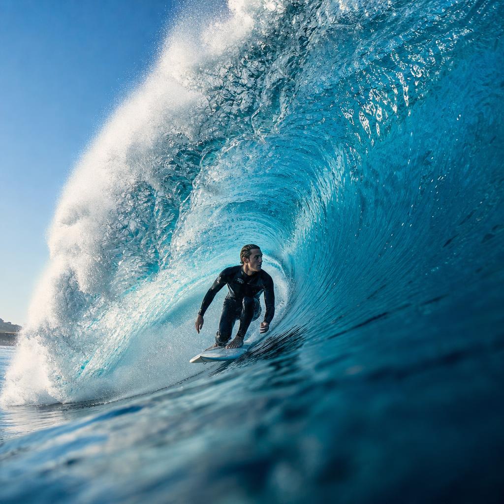 A lone surfer skillfully riding and confronting a towe — 731DF2