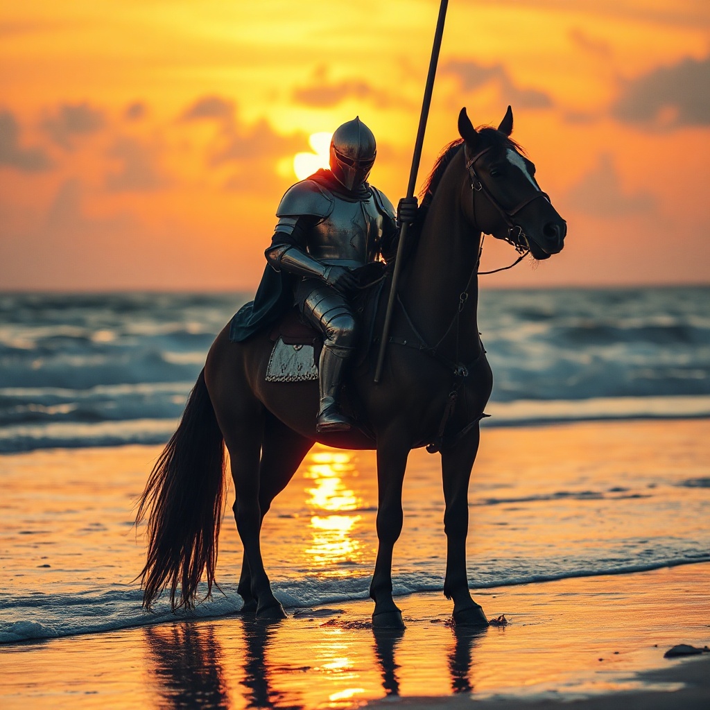 A photorealistic scene of a lone cavalier clad in shin — 8C76A2