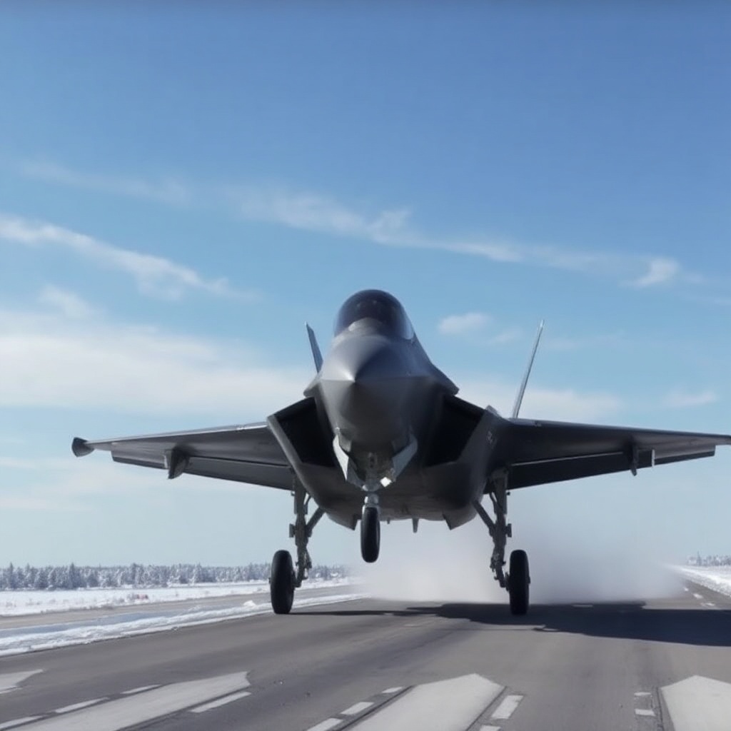 • Un avion de chasse F-35 qui atterrie sur une piste a — FDE318