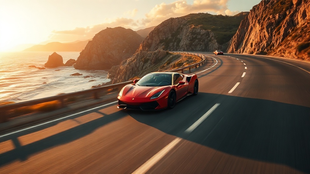 A sleek metallic red modern sports car carving through — 06DF1A