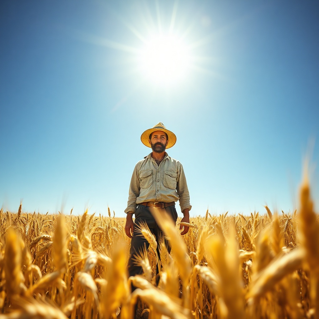 A lone worker standing in the middle of a golden wheat — D0B3C5