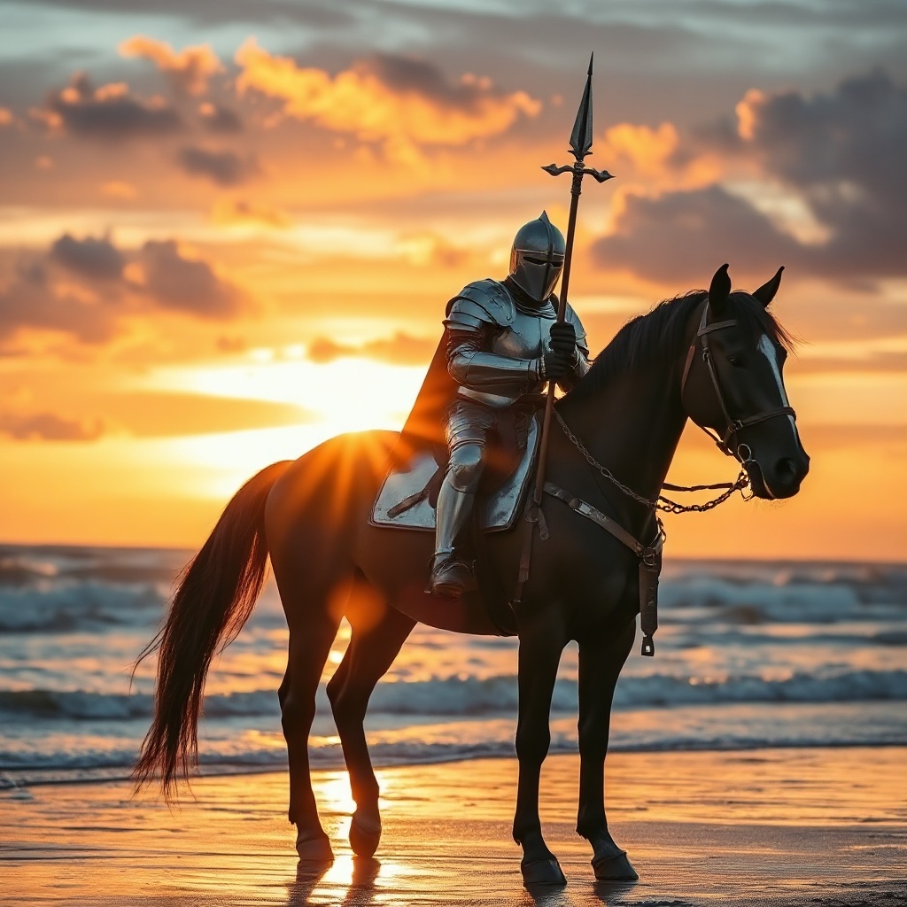 A lone cavalier clad in gleaming medieval armor, holdi — 46A6A2