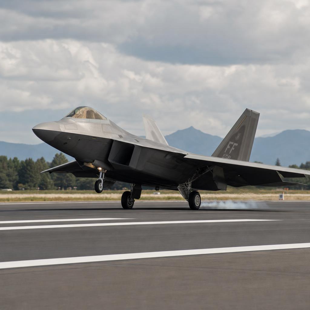 Un avion de chasse F-22 qui attérie sur une piste asph — CCAF4B