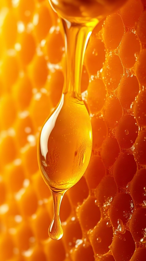 photorealistic close-up of a golden honeycomb dripping — 56C4AB