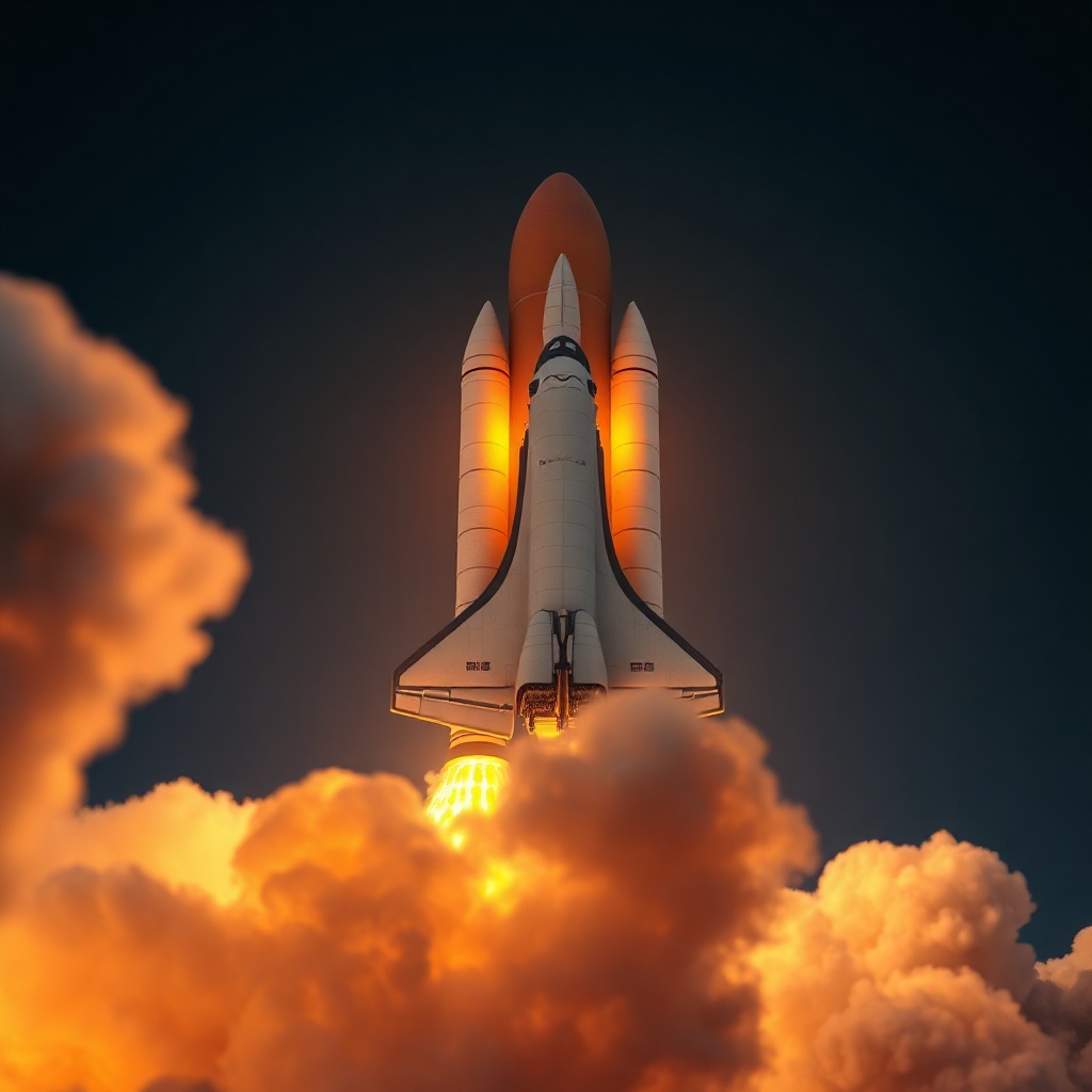 A digital art depiction of a space shuttle launching,  — 9BA536