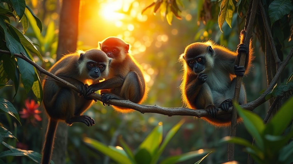 Un groupe de trois singes joueurs grimpant sur des lia — 67F5C1