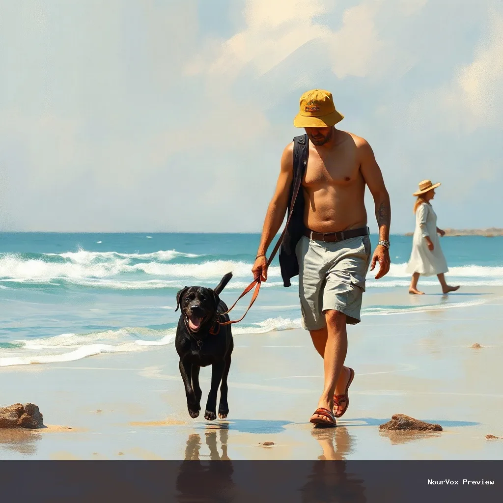 a man walking his dog on the beach — 784CEF