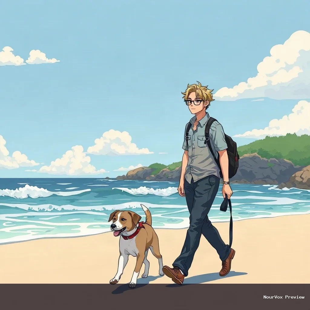 a man walking his dog on the beach — 3380F3