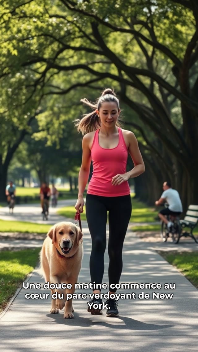 Une jeune femme en tenu de sport balade son chien dans un parc vert avec des arb